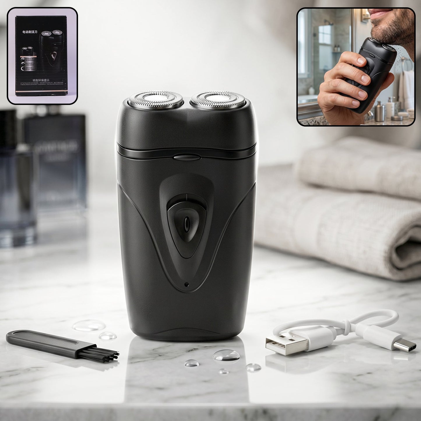 Close-up of portable electric shaver with dual rotary heads for men