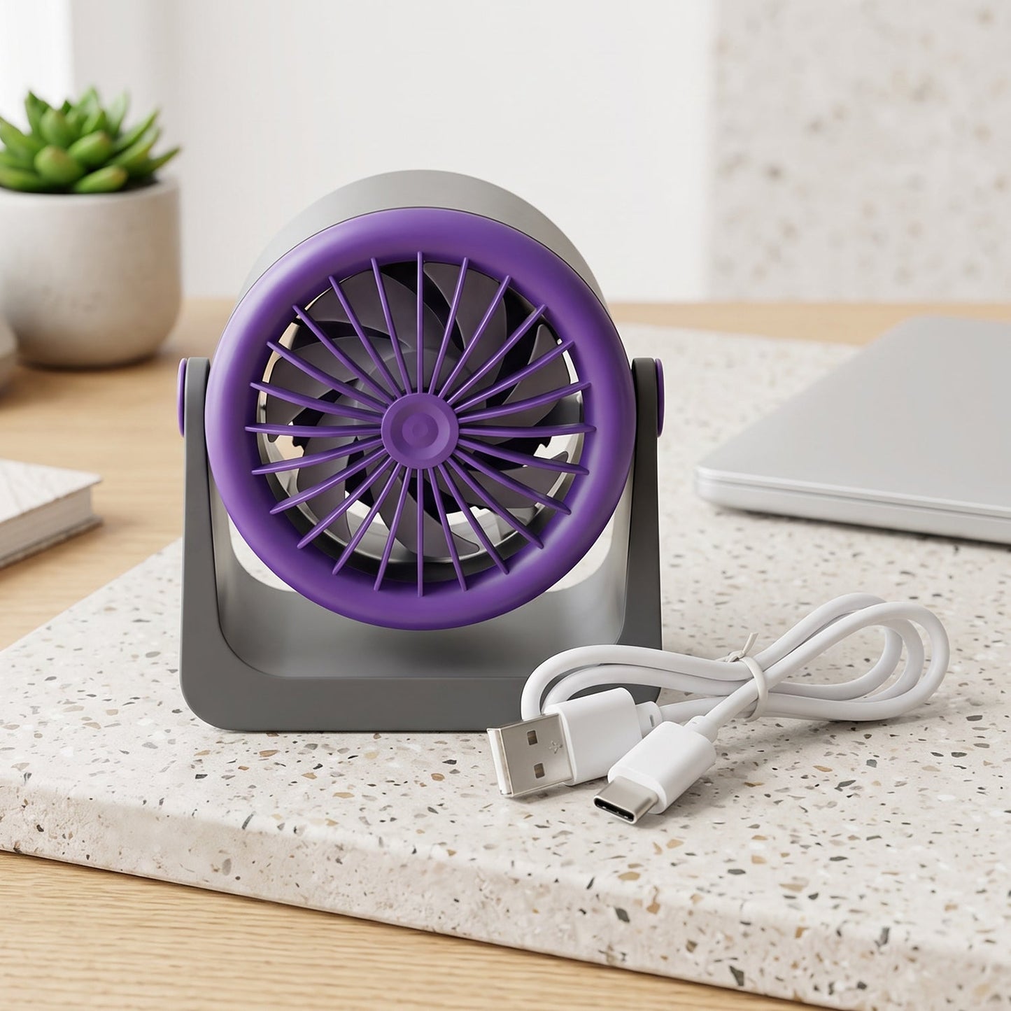 Quiet desktop circulation fan for tables and workspaces