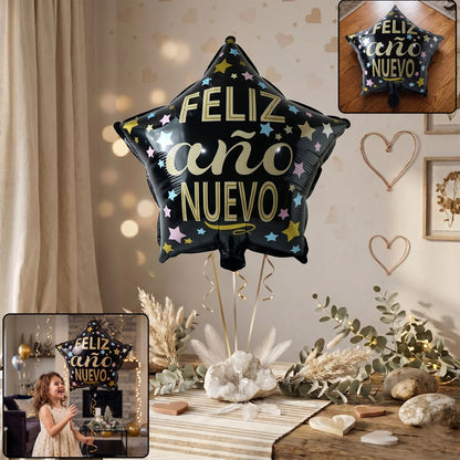 Black star Feliz Ano Nuevo foil balloon with shiny festive look
