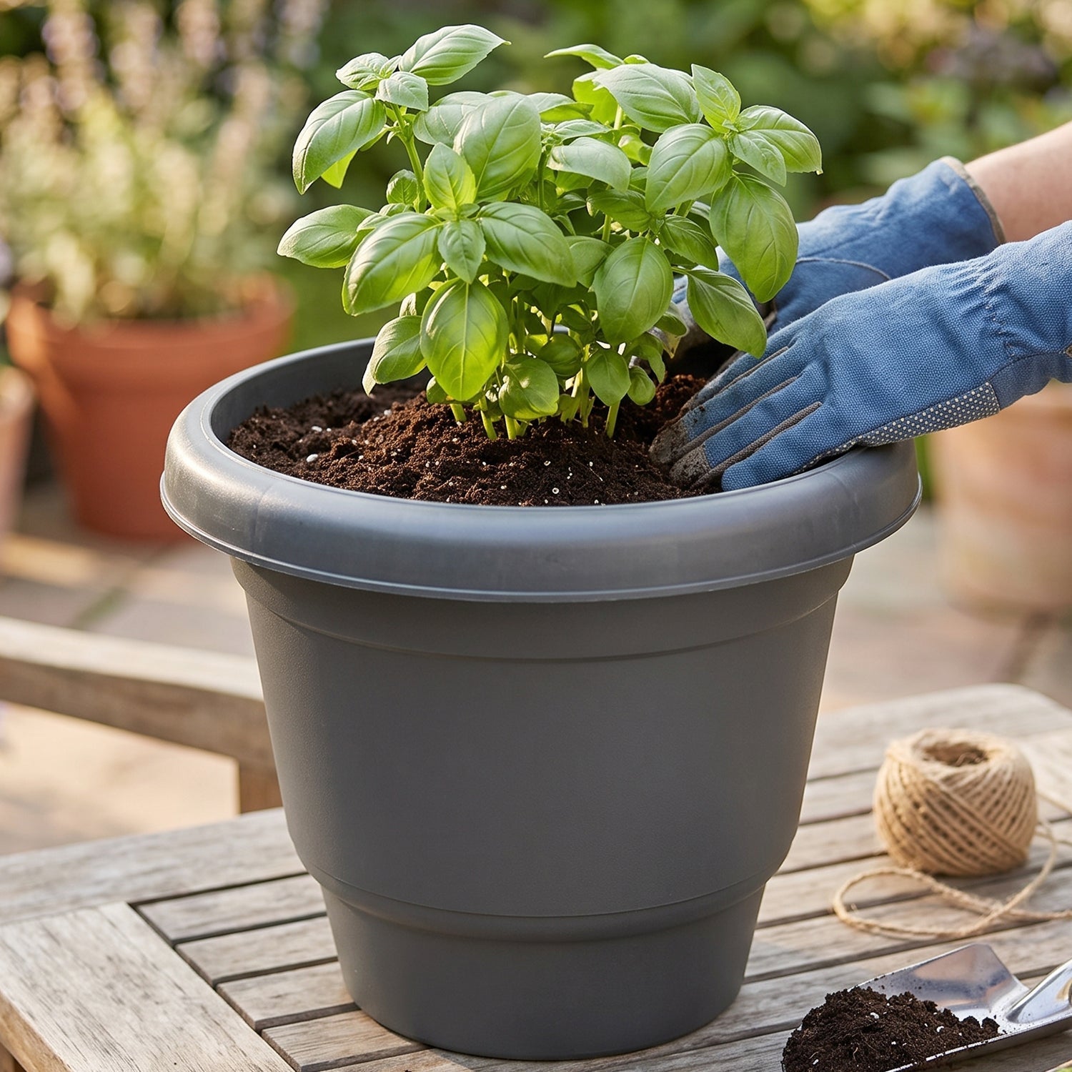 Sturdy plastic flower pots with rim for easy handling
