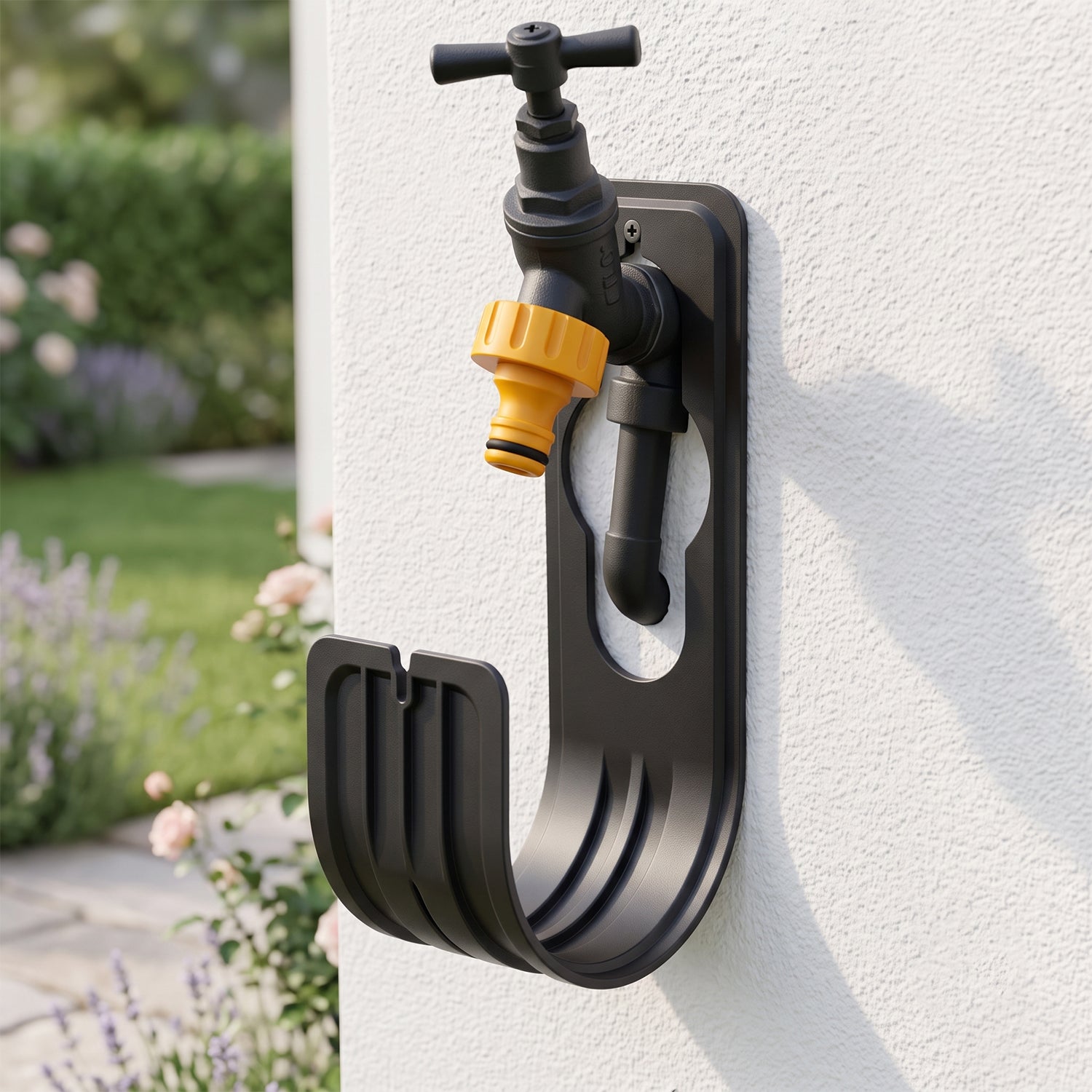 Space saving hose storage brackets for outdoor walls