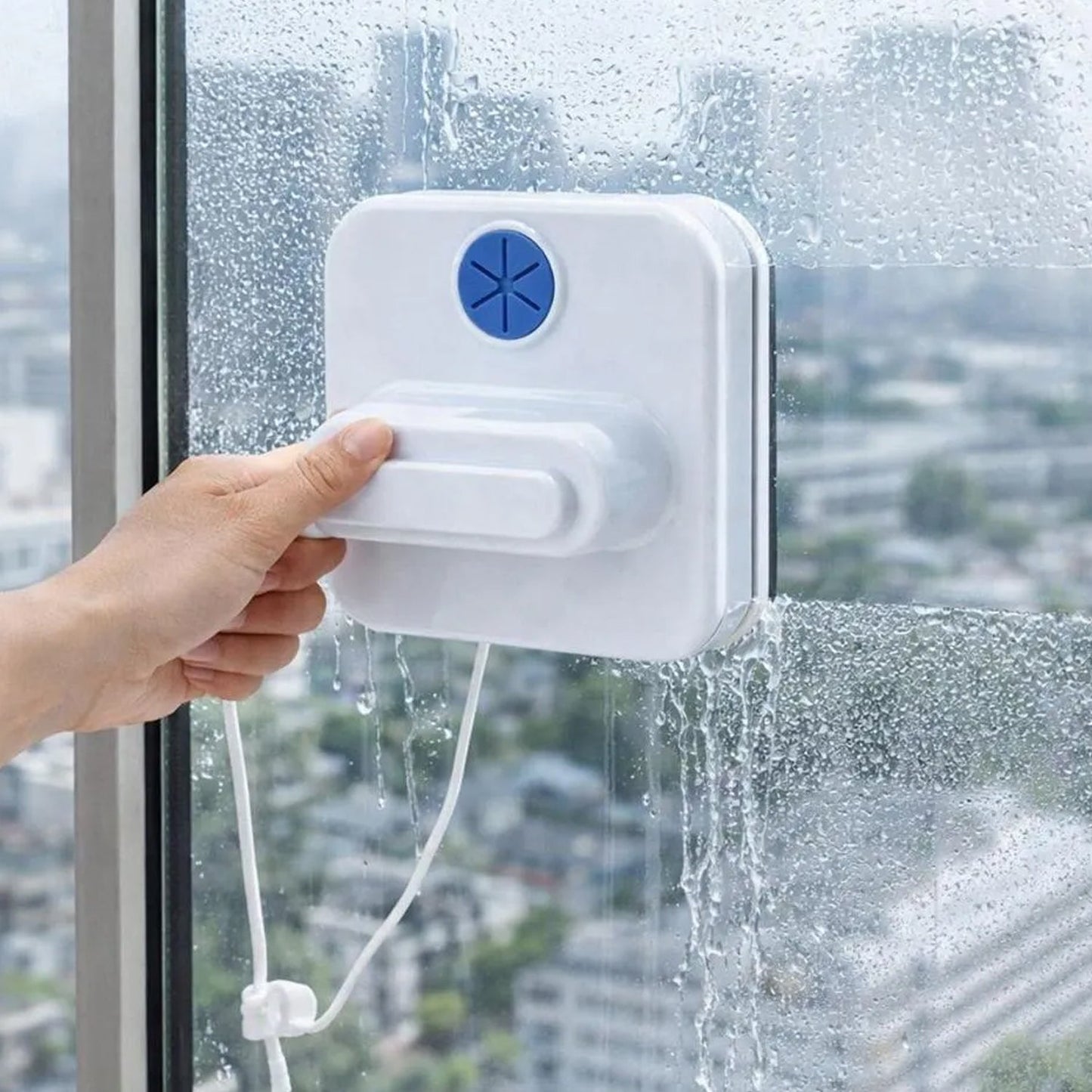 Double side magnetic squeegee in use on a home window.