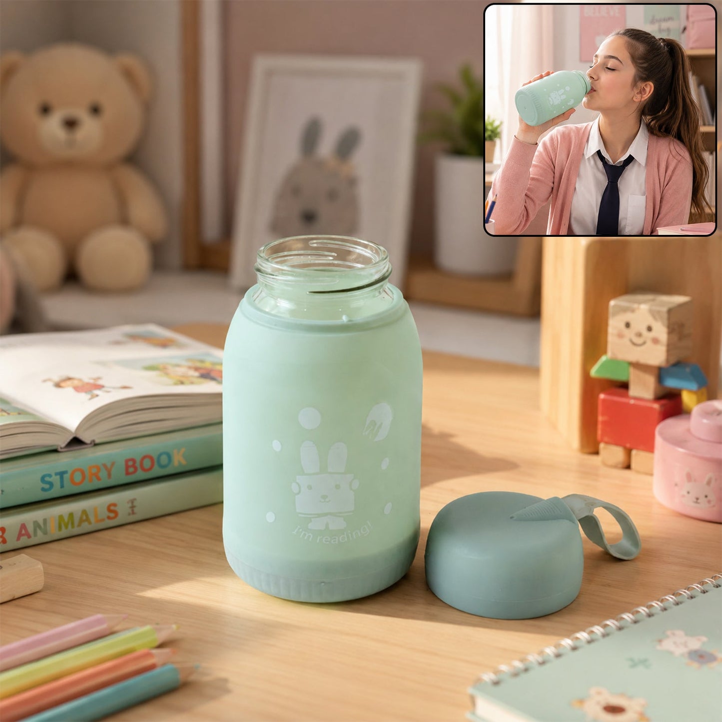 Glass water bottle 380ml lid