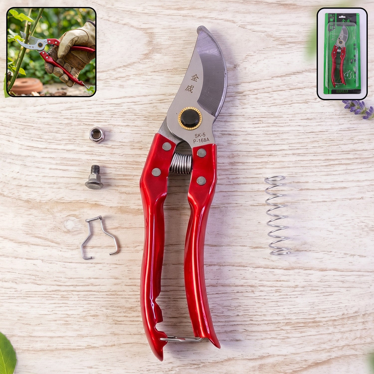 Garden pruning shears with precise bypass secateurs and SK-5 steel blade.