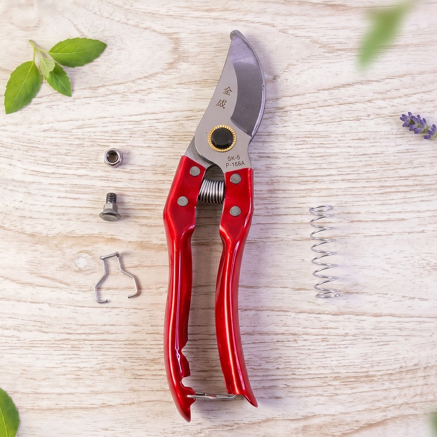 Close up of SK-5 steel blade branch cutter for precise gardening tasks.
