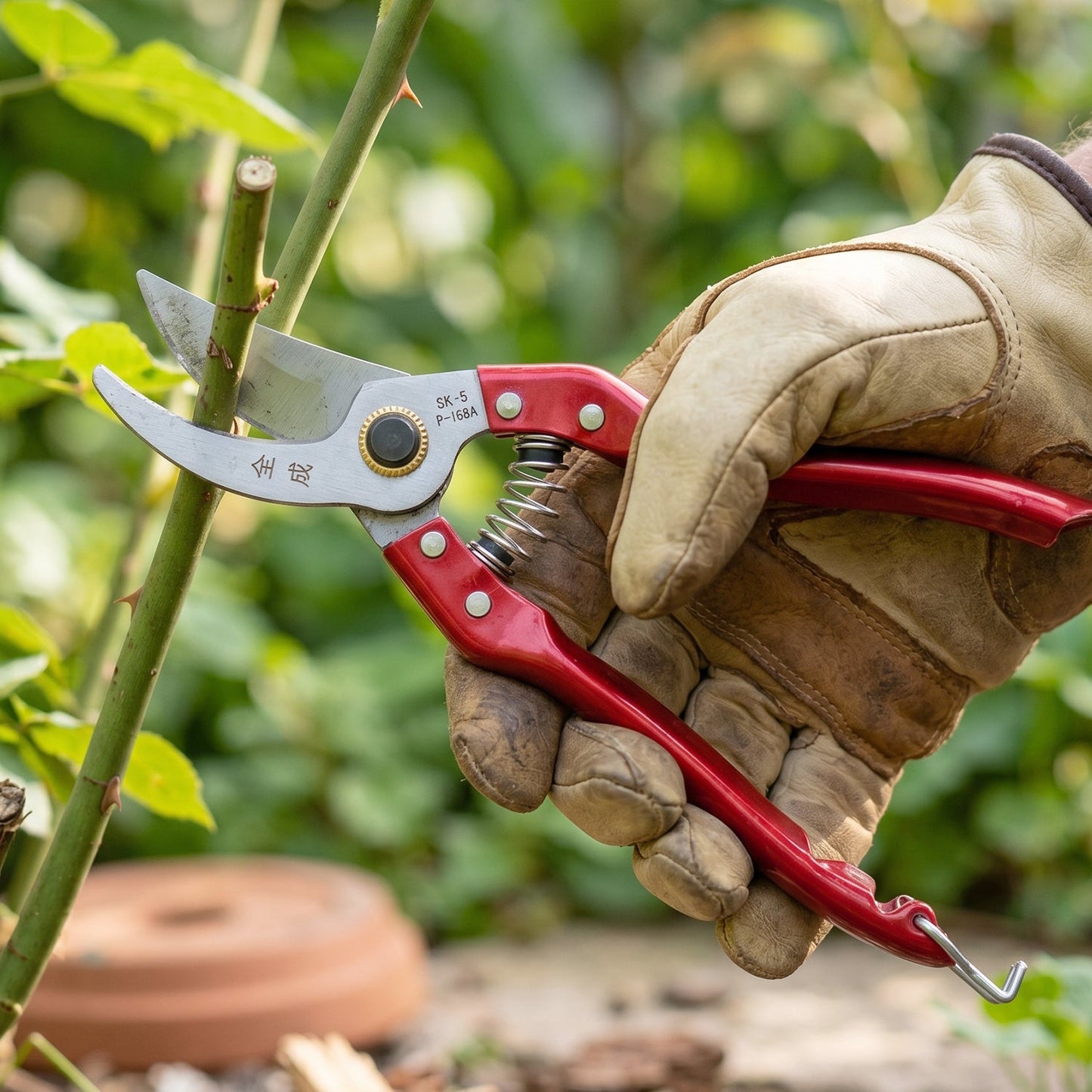 Detailed view of the sharp blade on the garden pruning shears.