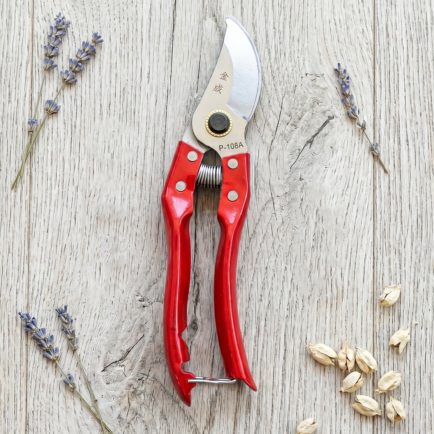 Someone using garden pruning shears to trim a small plant stem.