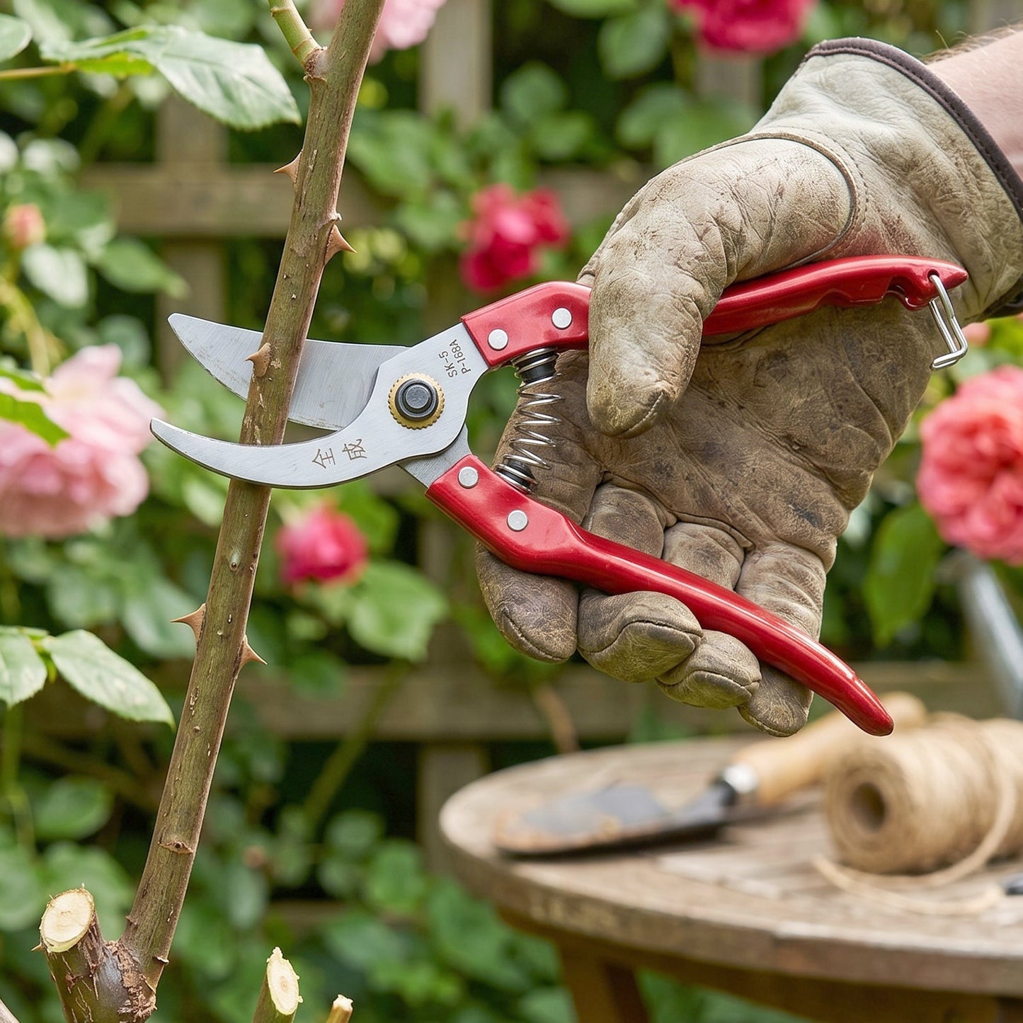 Garden shears in action, effortlessly trimming a tree branch.