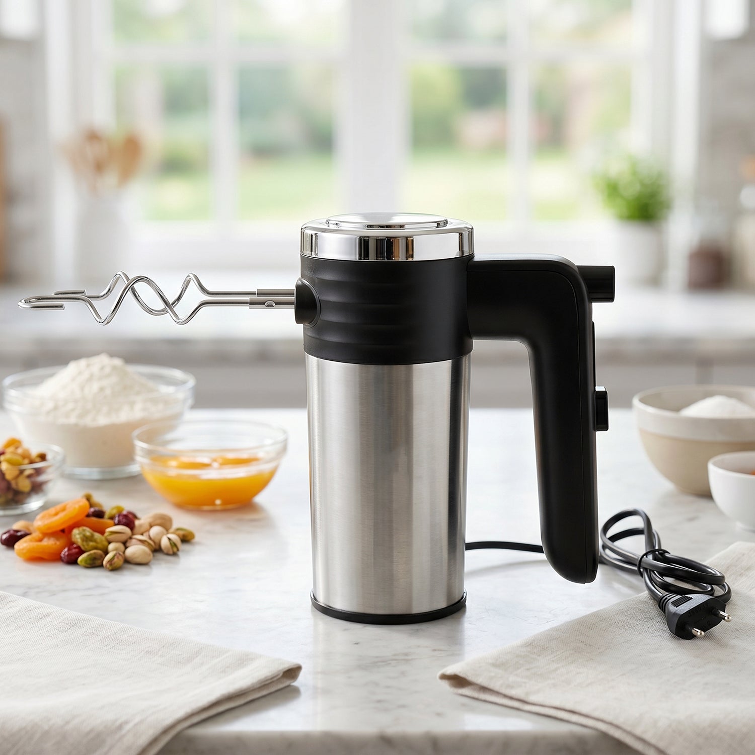 Compact hand mixer with beaters and hooks for home baking