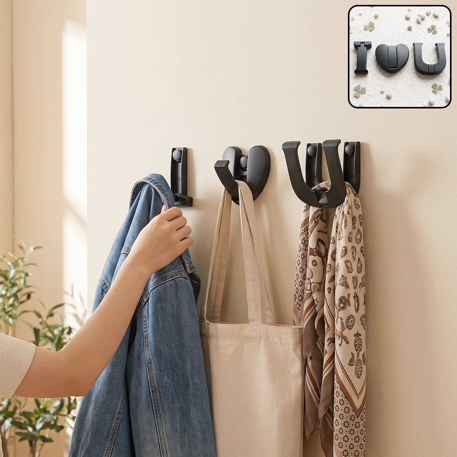 Premium heavy duty wall hook, 3 in 1 self adhesive hooks for clothes and bags (3 pc)