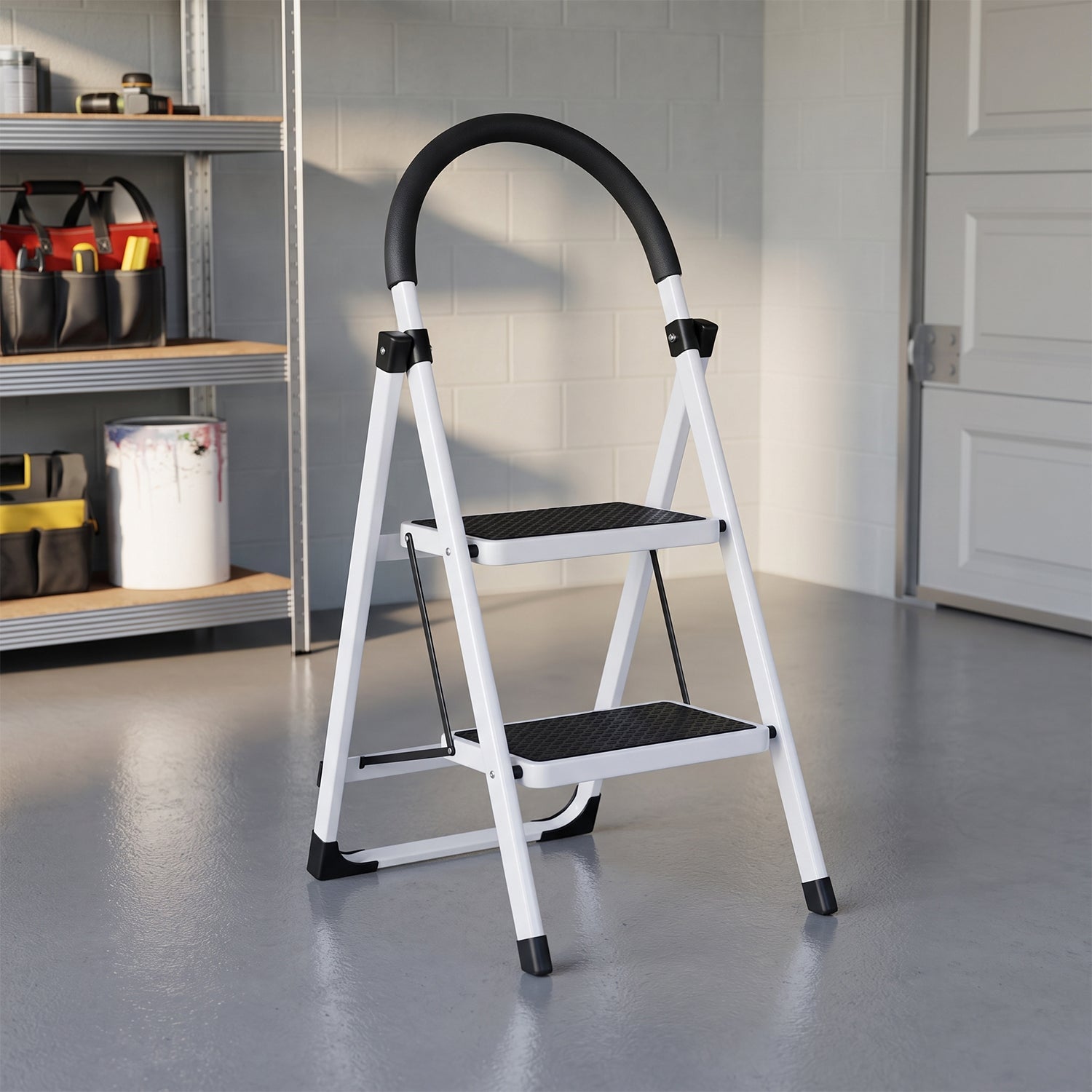Space saving foldable step ladder for reaching high shelves