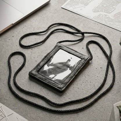 Close-up of the black PU leather neck wallet showing the clear ID window