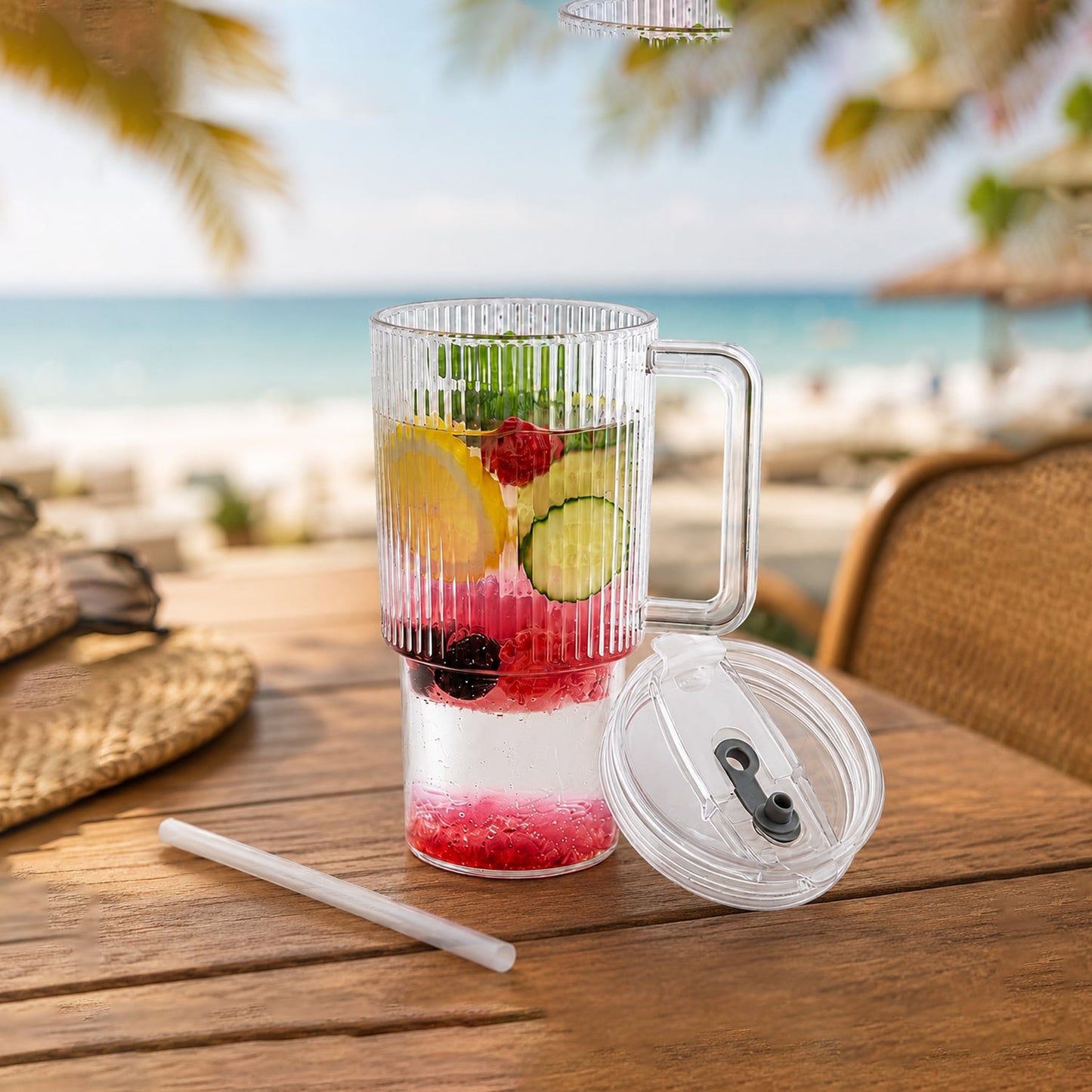 Kids Tumbler 900ml with Handle Lid and Straw Ribbed Water Sipper Cup (1 Pc) view 7