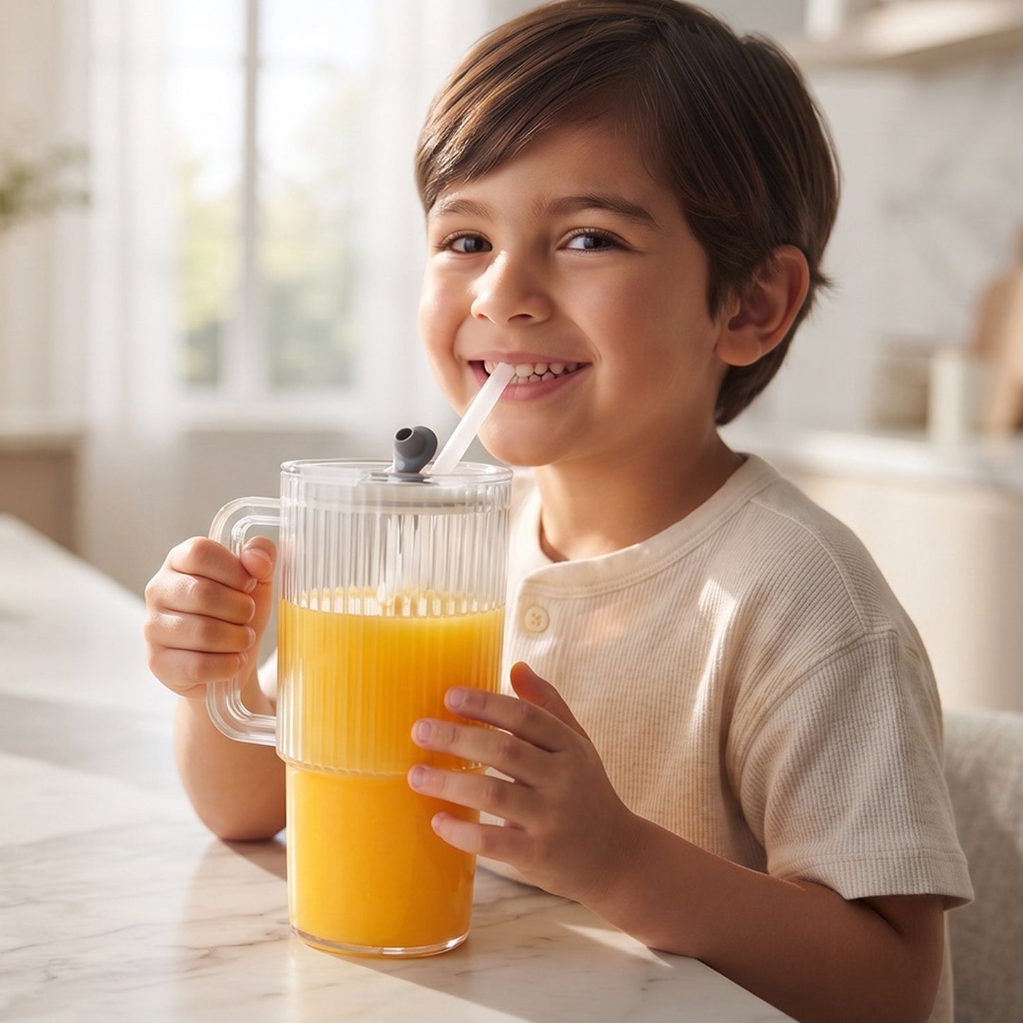 Kids Tumbler 900ml with Handle Lid and Straw Ribbed Water Sipper Cup (1 Pc) view 8