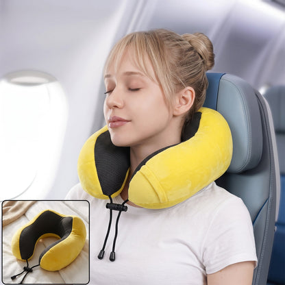 U shaped soft neck pillow, yellow plush travel pillow with drawstring (1 pc)