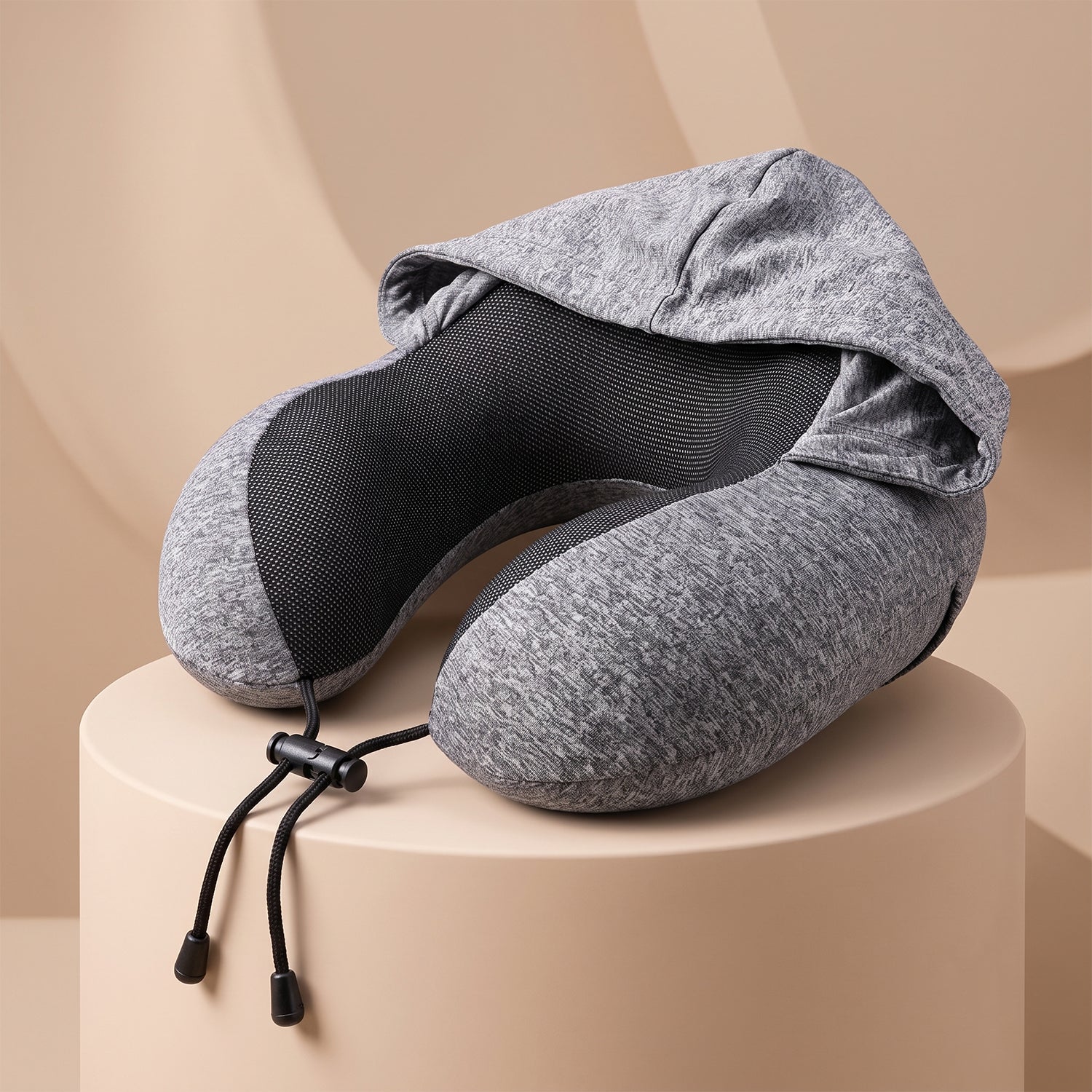 U shaped pillow with attached hood for flights and naps