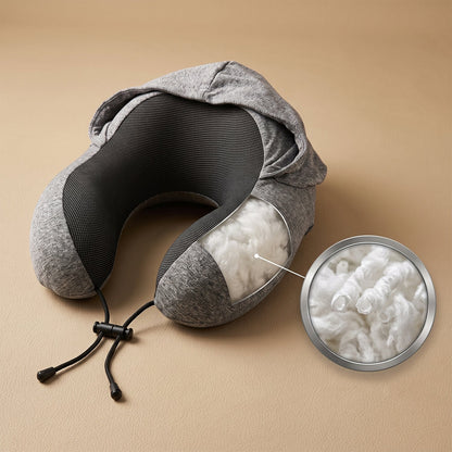 Supportive grey hooded pillow to ease neck strain