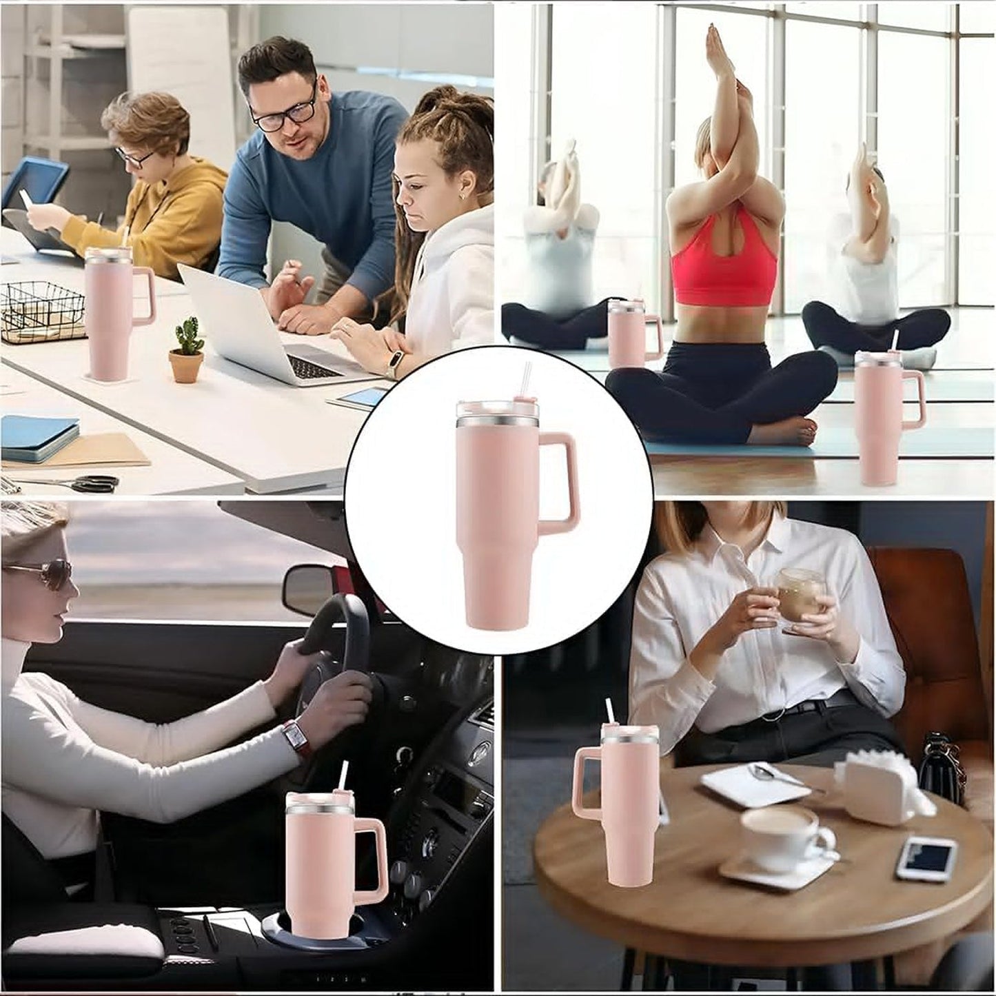 Pink vacuum insulated tumbler on white background