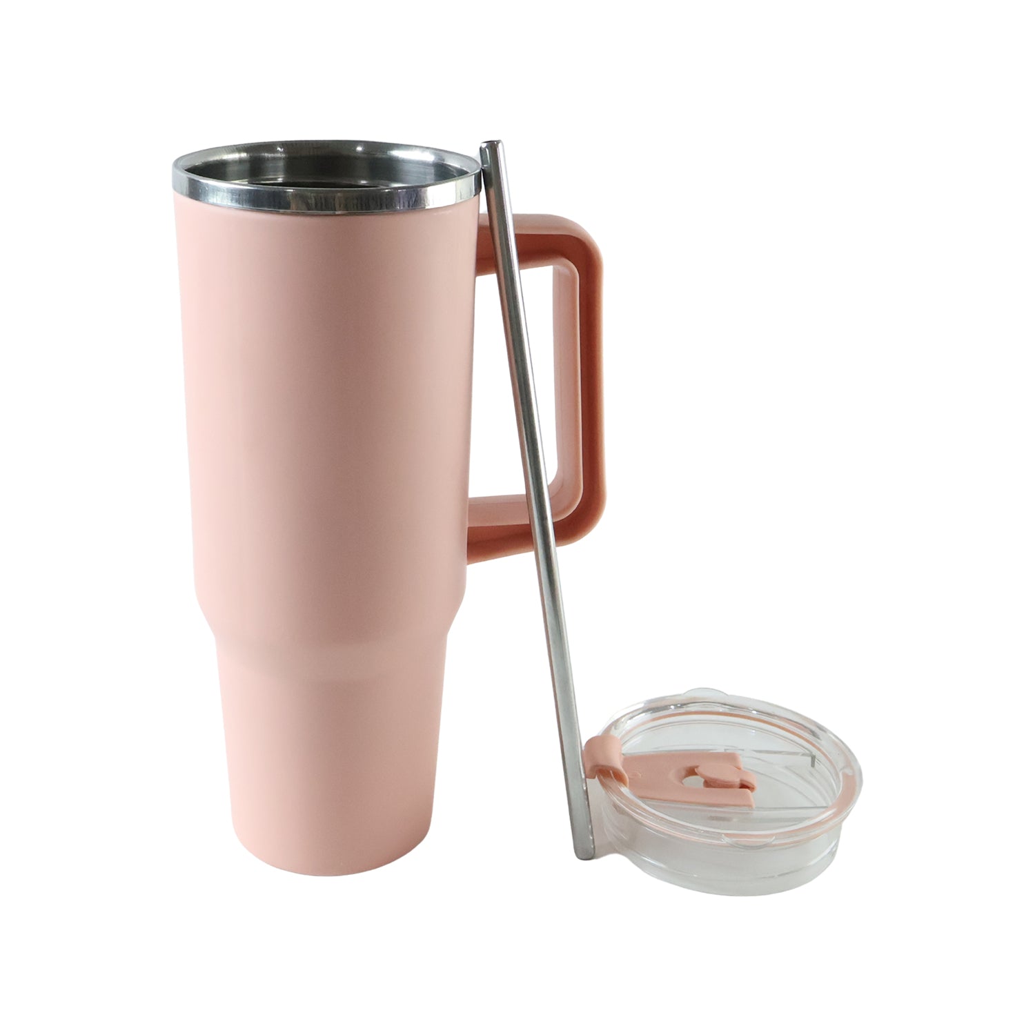 Pink travel tumbler with ergonomic side handle