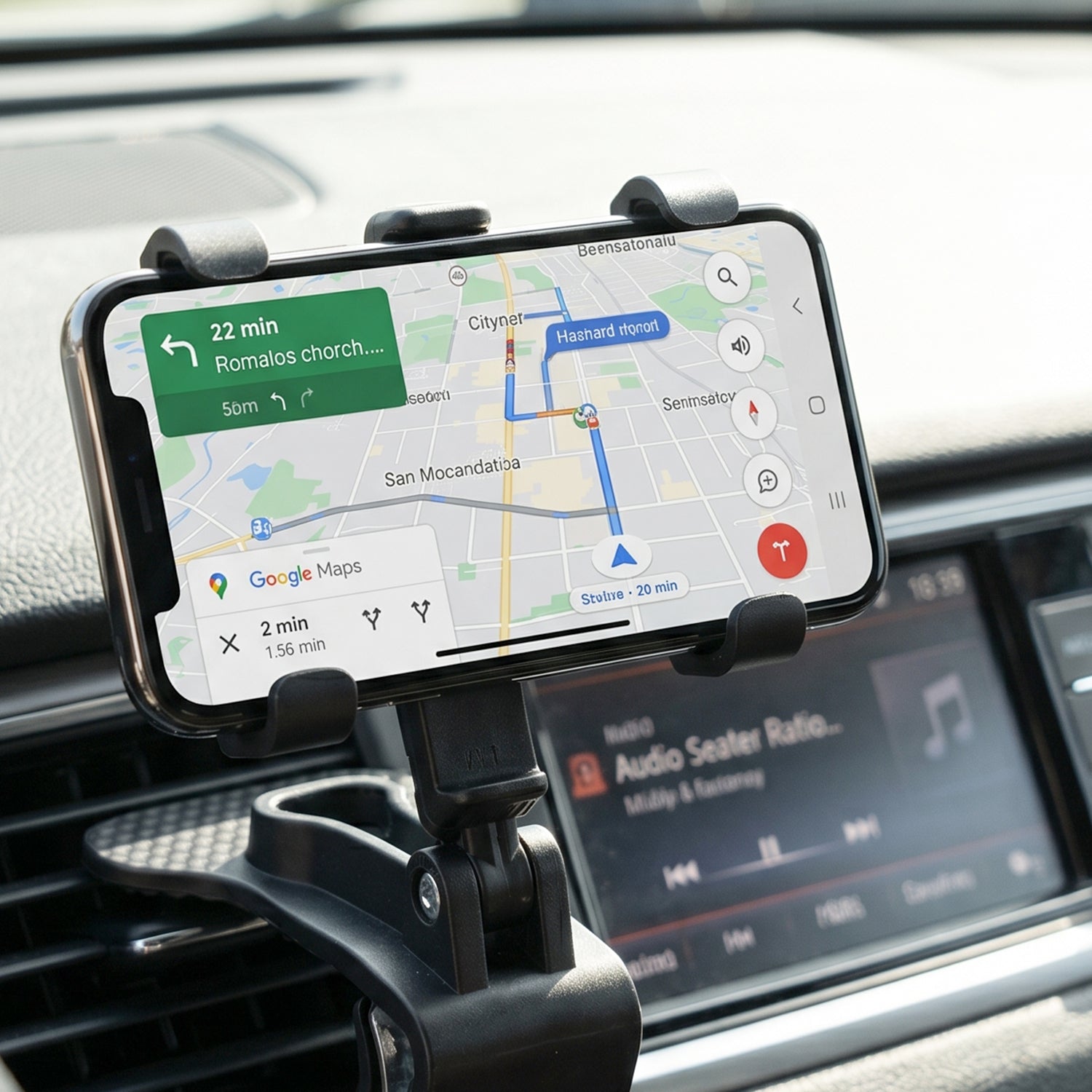 Efficient car phone holder with sturdy spring clip and corner grips