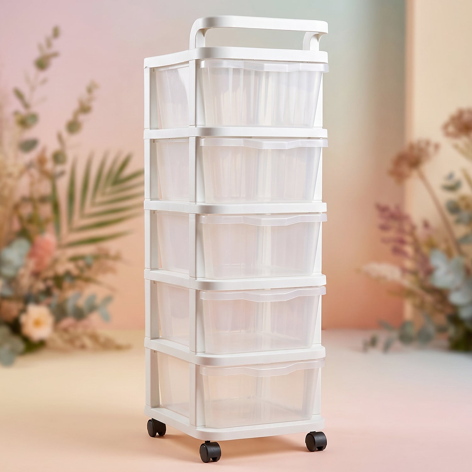 Rolling storage drawer rack with five compartments for organizing