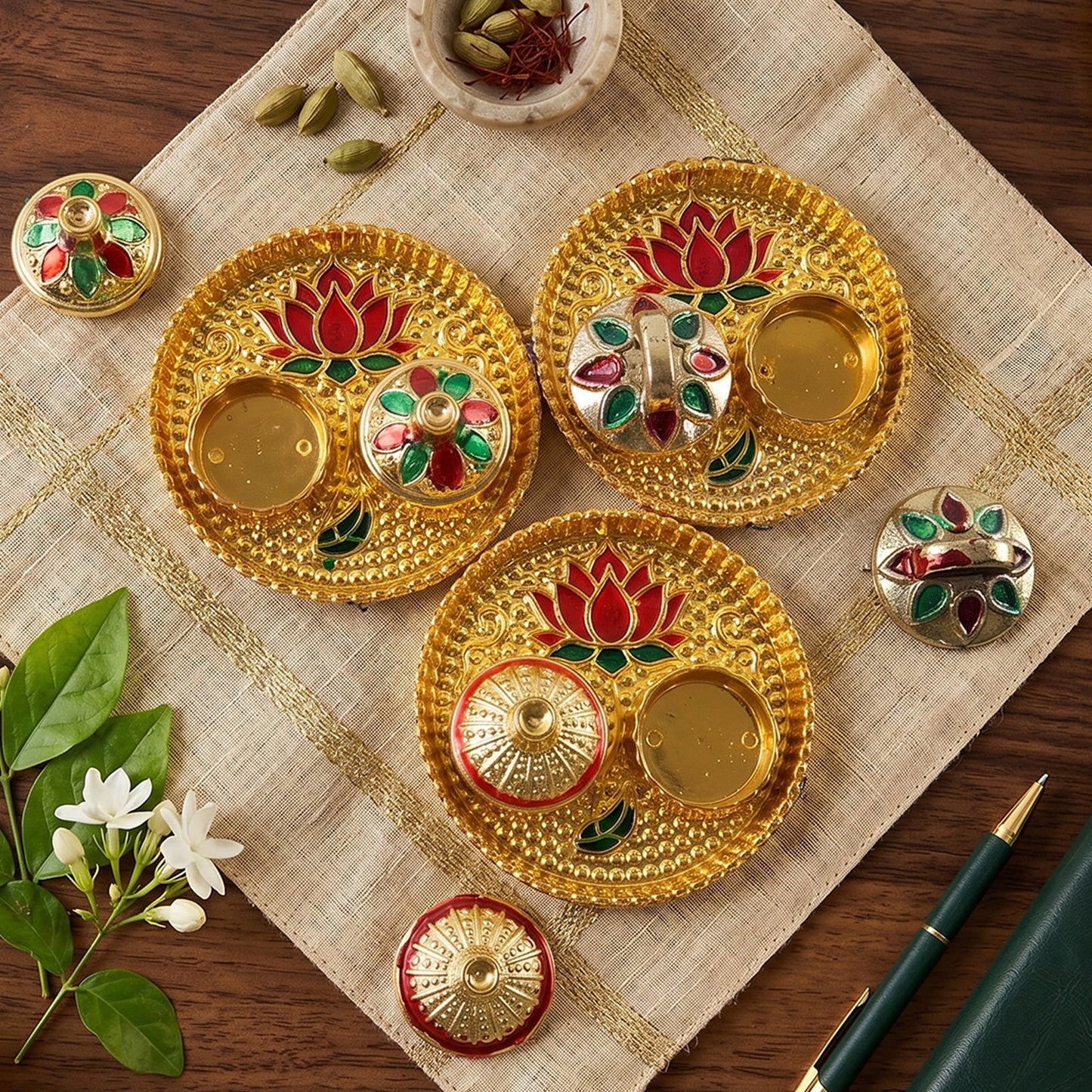 Lotus design kumkum holder for pooja, tilak and rituals