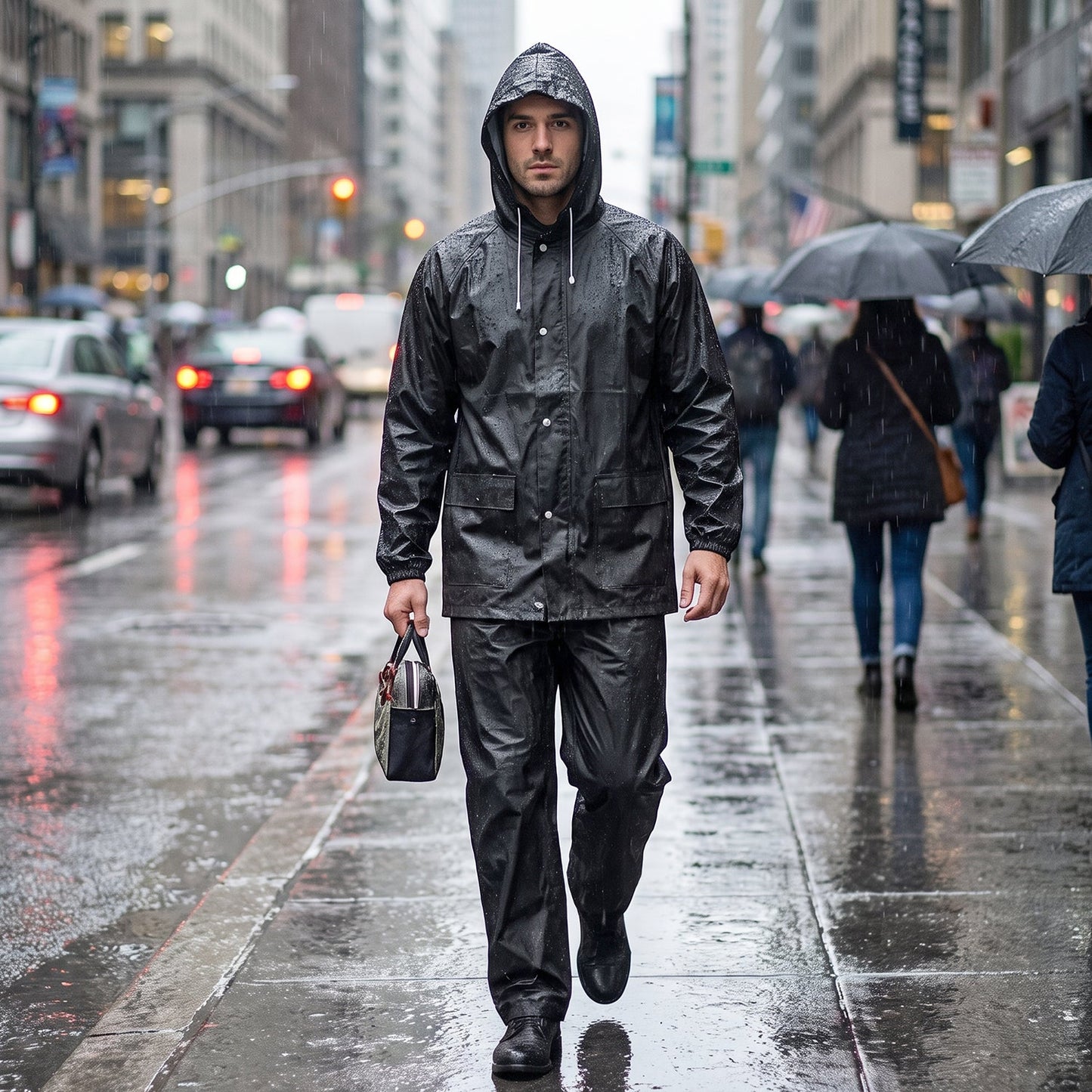 Foldable EVA rain suit with hood provides reliable protection on rainy days.