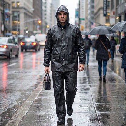 Foldable EVA rain suit with hood provides reliable protection on rainy days.