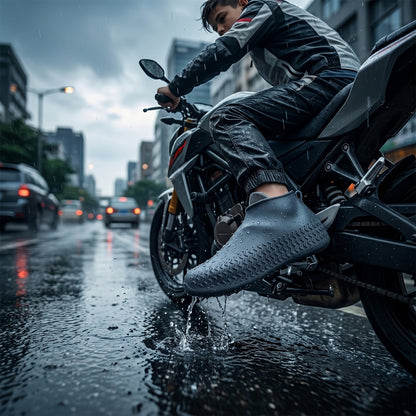 A person on a motorcycle wears a navy blue silicone shoe cover on one foot, splashing through a puddle on a wet city street.