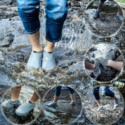 A collage of five circular images shows a person wearing grey silicone shoe covers while walking through shallow water.
