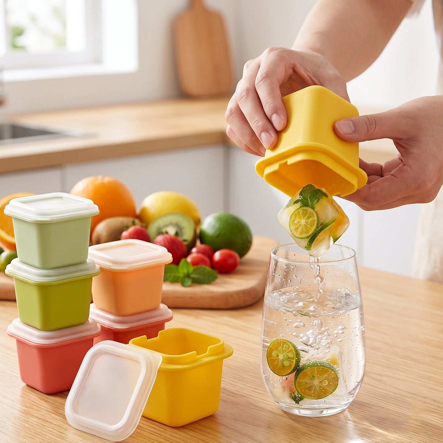Square Ice Cube Mould Set with Lids, Multicolor