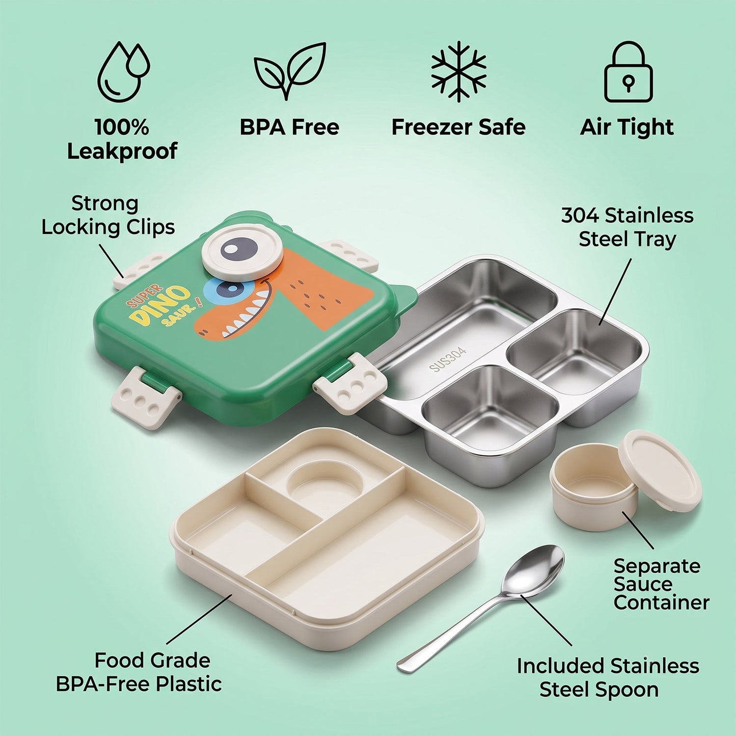 Durable steel bento box for kids with sauce cup