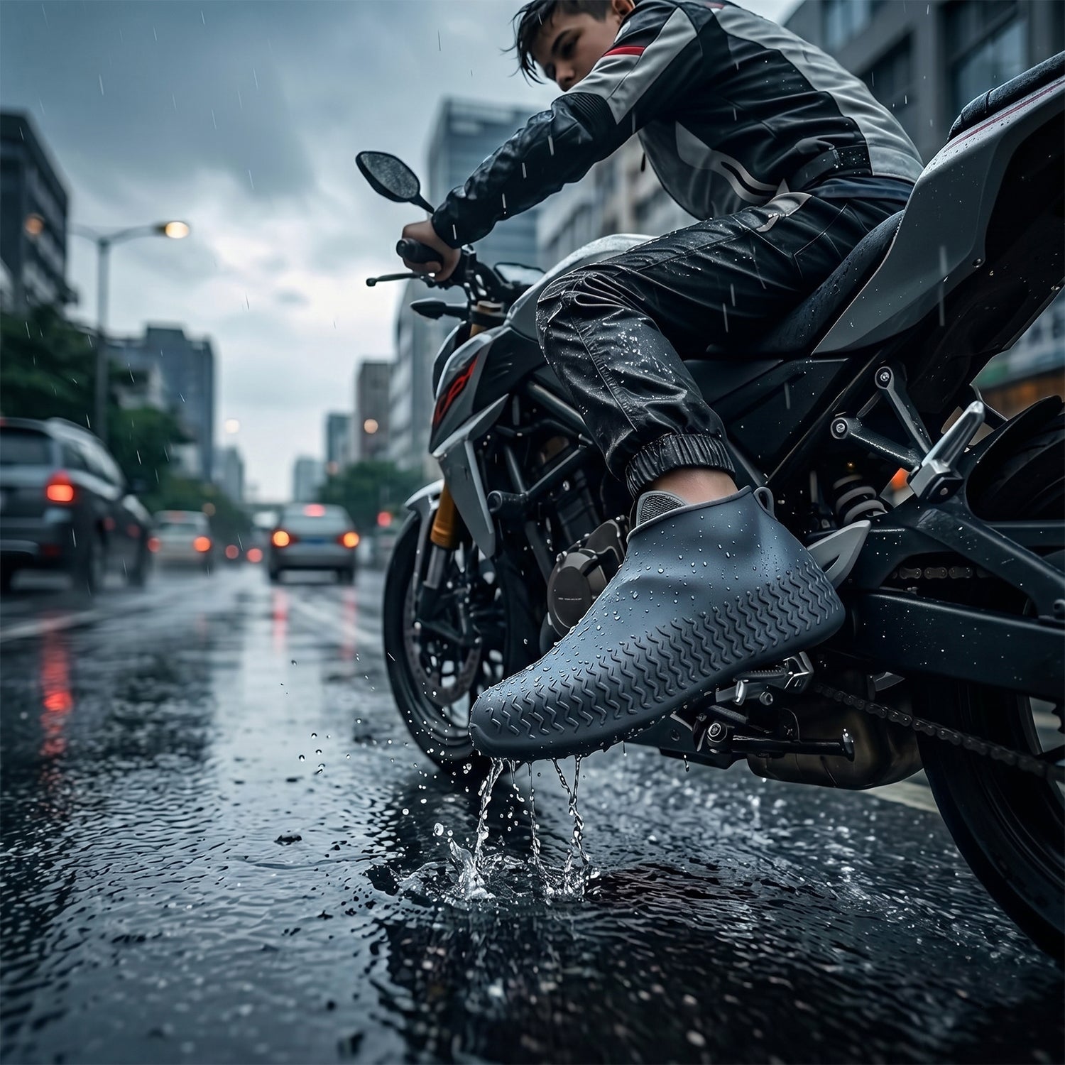 Close-up of rain shoe cover sole with anti-slip texture shoe covers