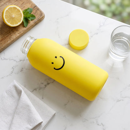 400 ML Smiley Face Glass Travel Water Bottle with Sleeve