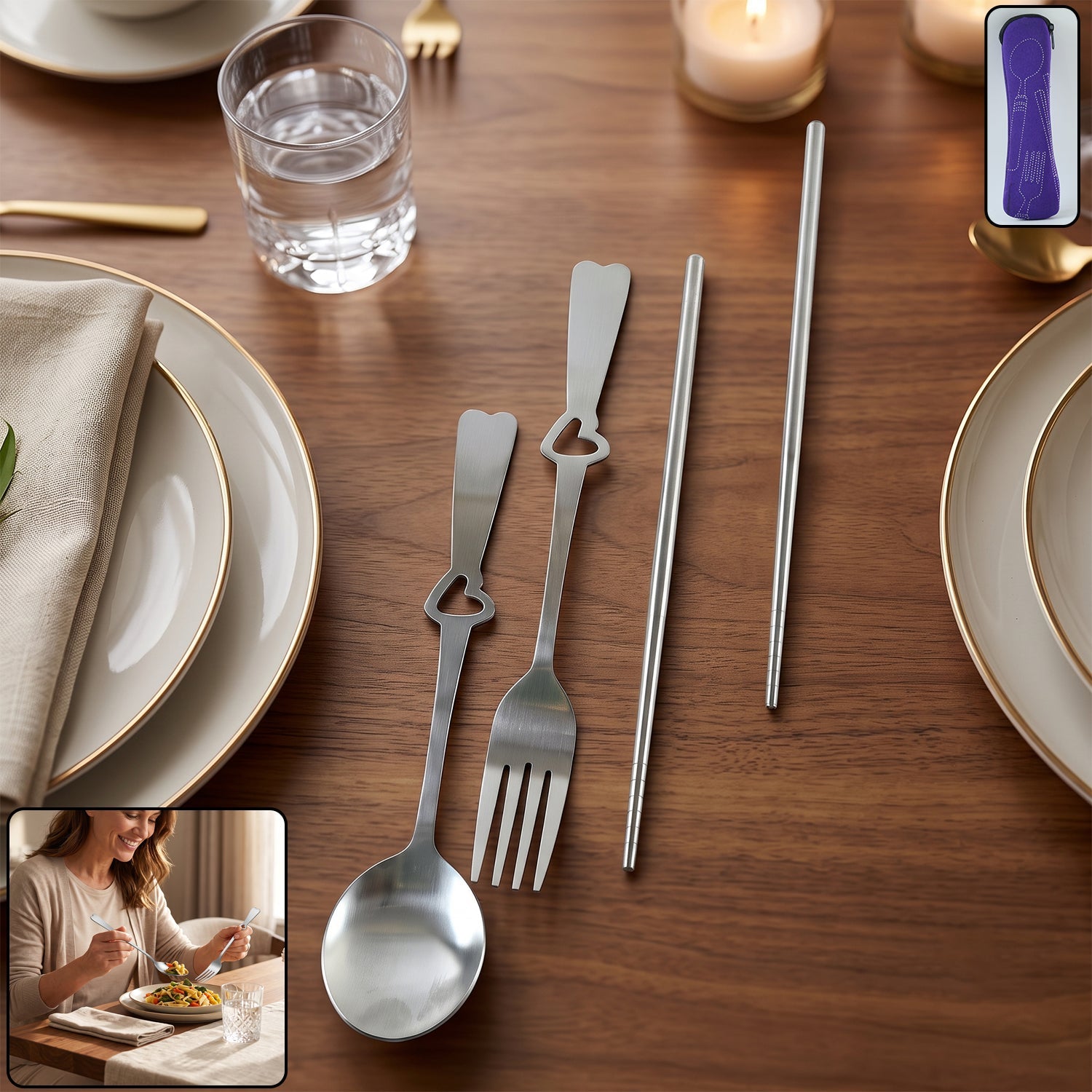 Portable stainless steel cutlery set with spoon, fork and chopsticks pouch (4 pc set)