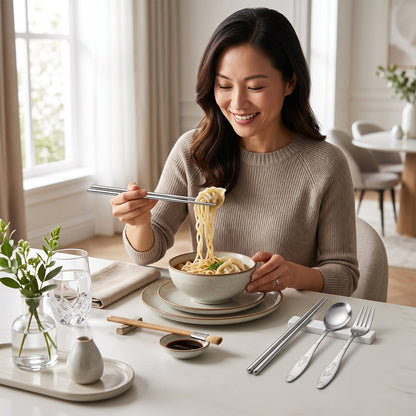 Portable flatware set with pouch for lunch, picnics and travel