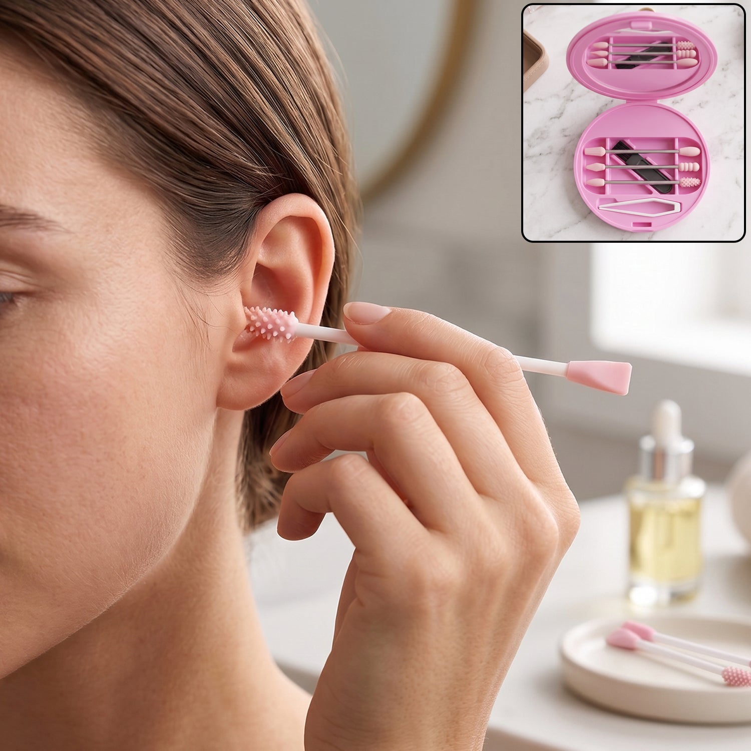 Flexible silicone ear buds with case for easy cleaning