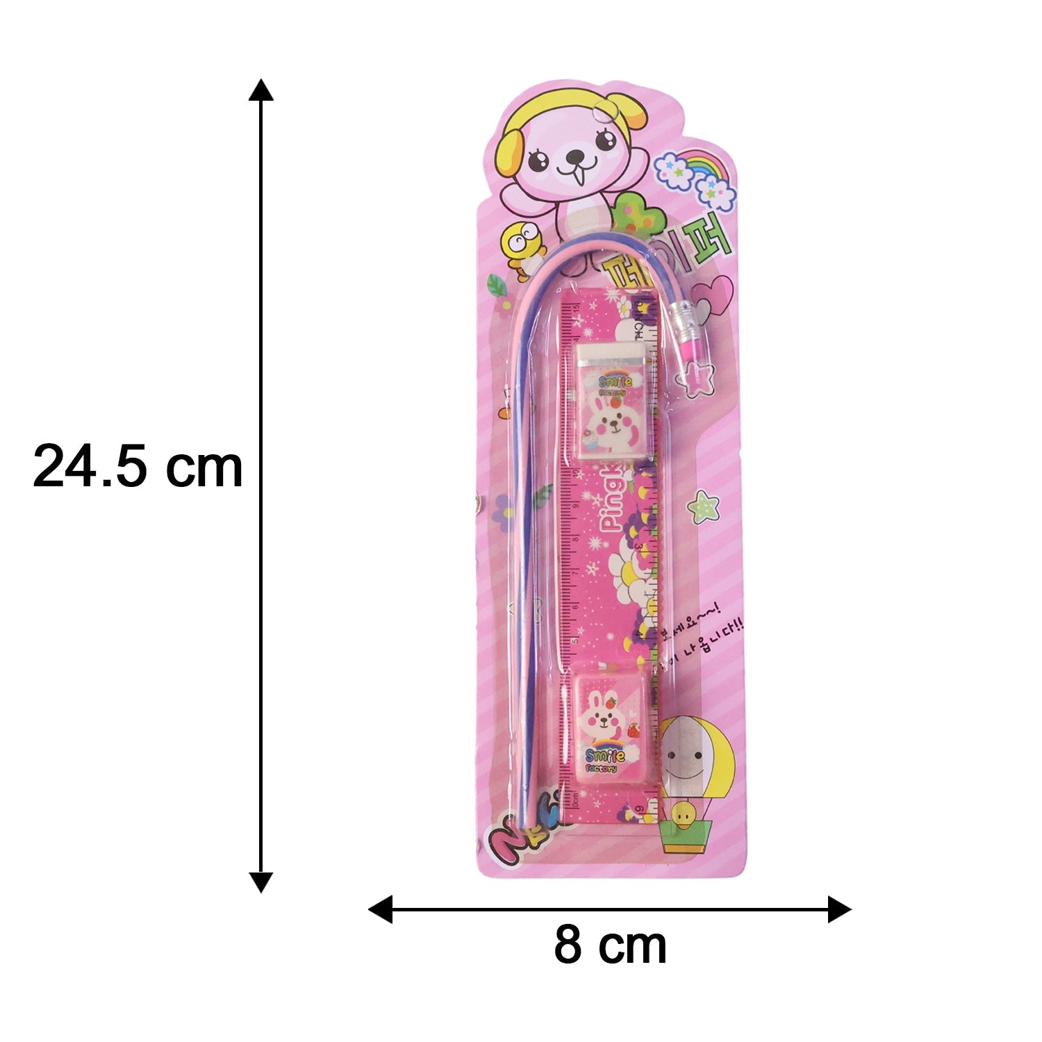 Bright pink stationery tools for kids, showcasing ruler, pencil, eraser, and sharpener.