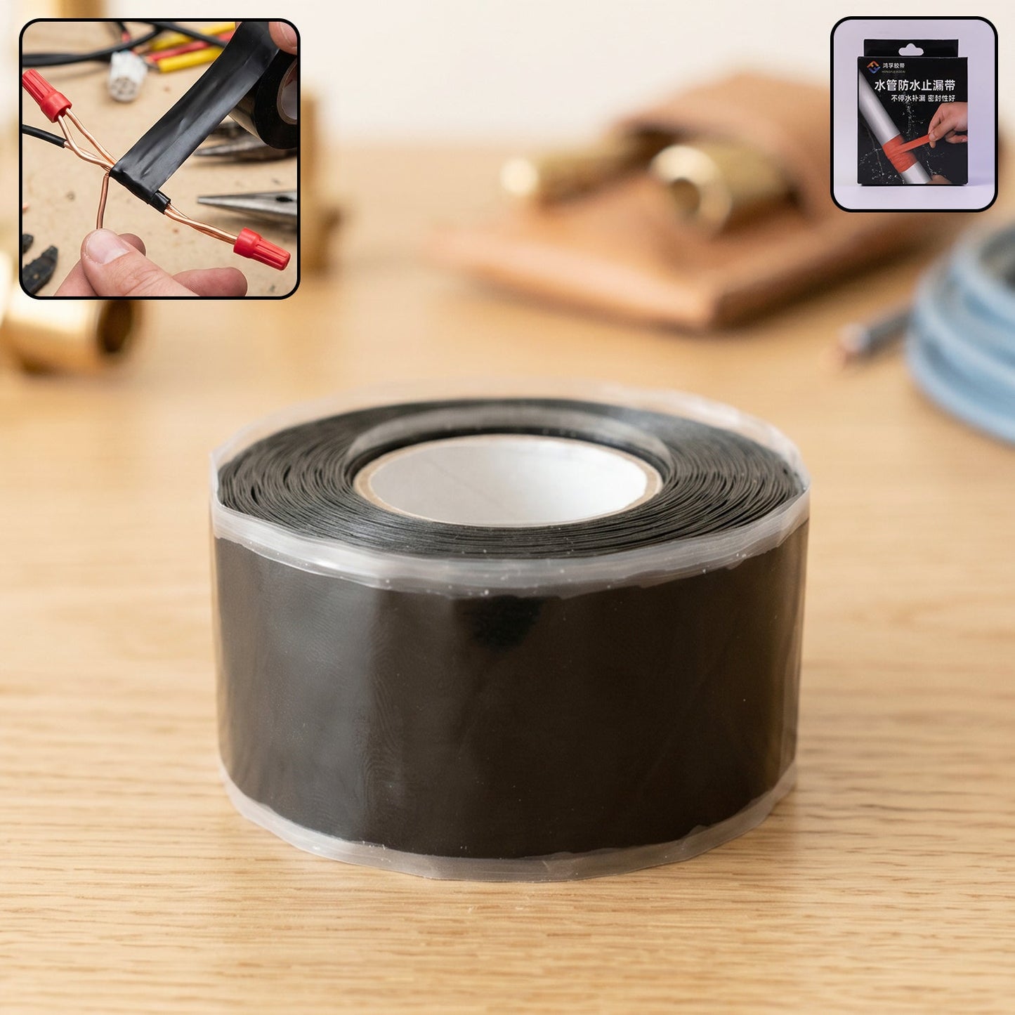 Waterproof silicone repair tape applied to a leaking pipe joint