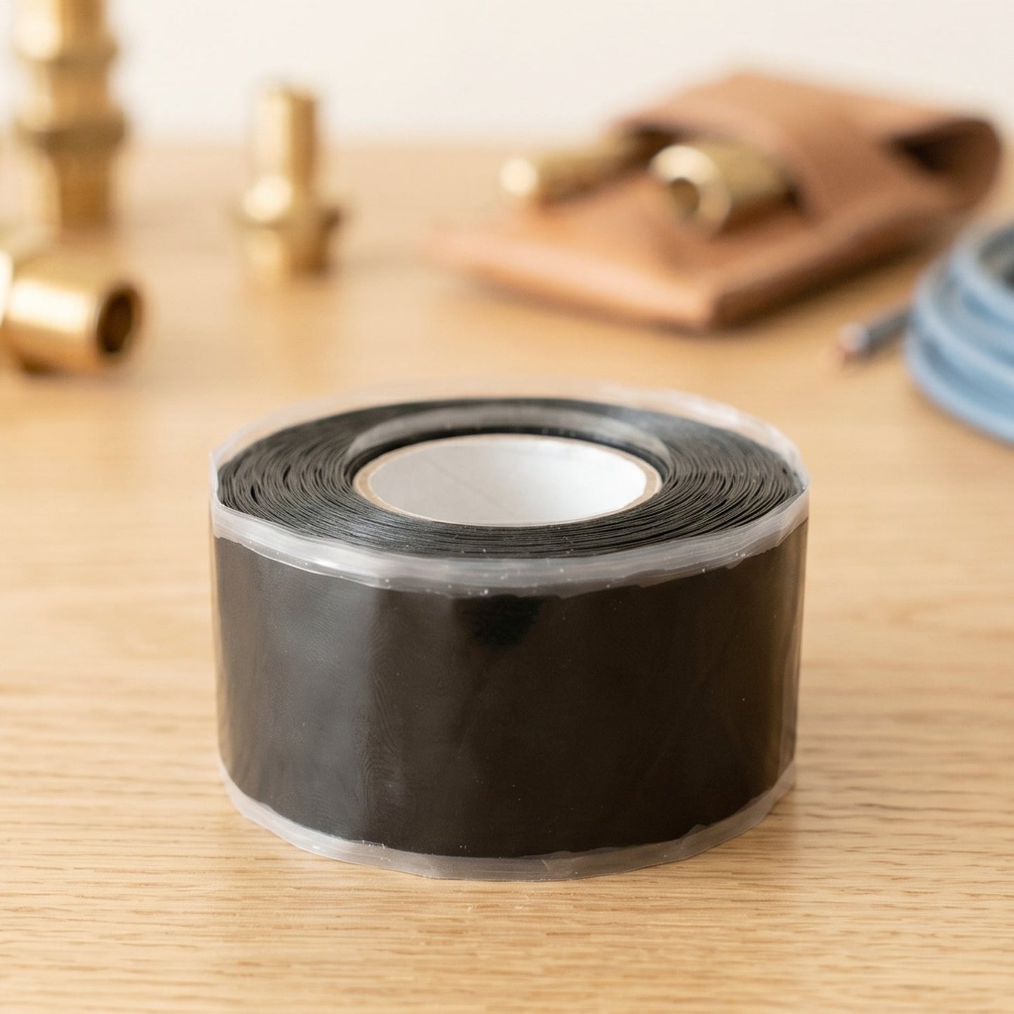 Black silicone repair tape wrapping around a garden hose