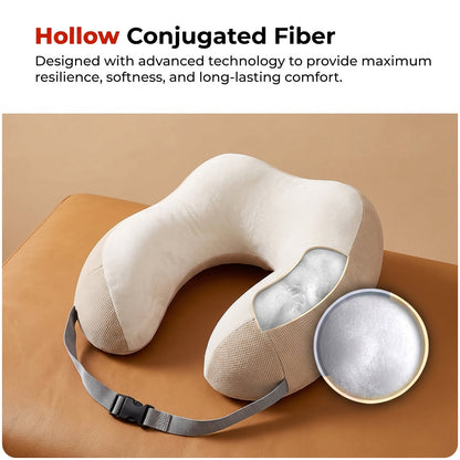 Travel neck pillow that clips to bags with buckle strap