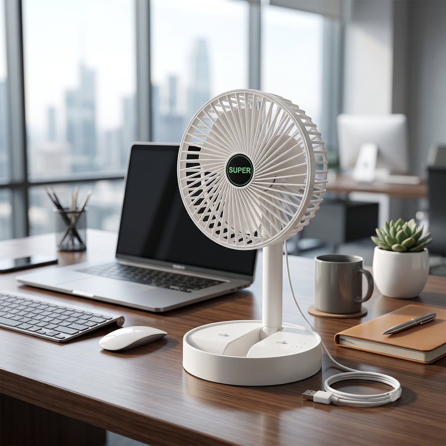 Adjustable height desktop fan powered by USB