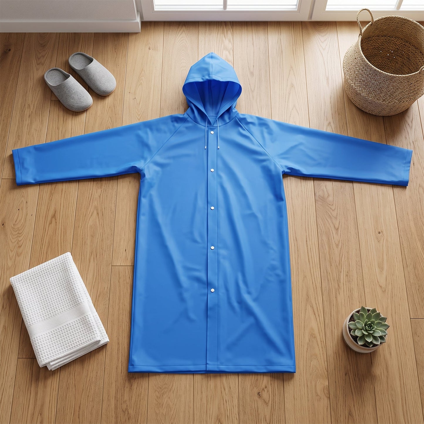 Blue raincoat button closure