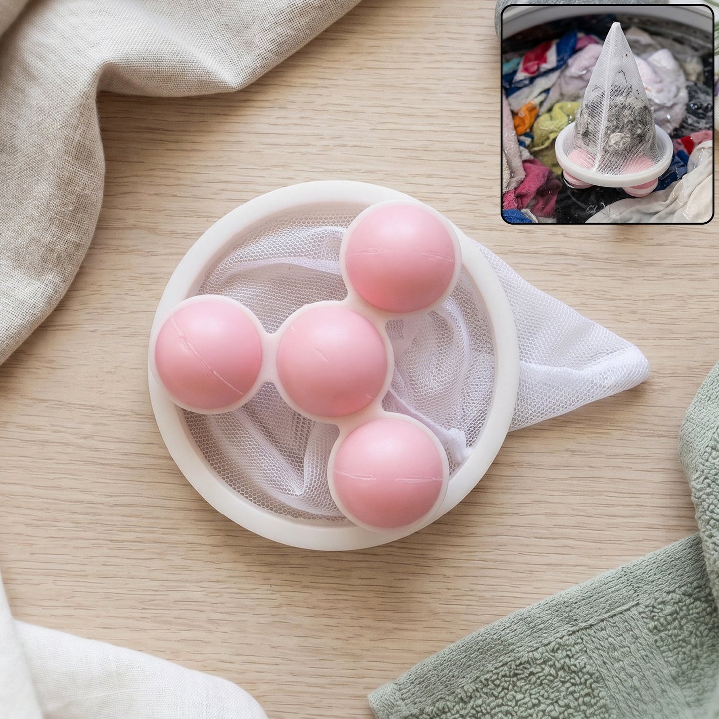 Floating hair lint catcher in white with pink for washing machines