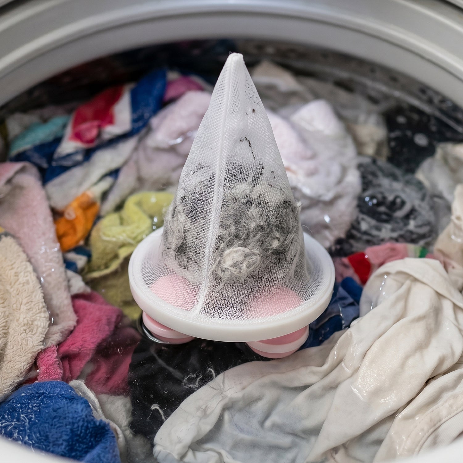 Washing machine lint and pet fur catcher in round mesh design