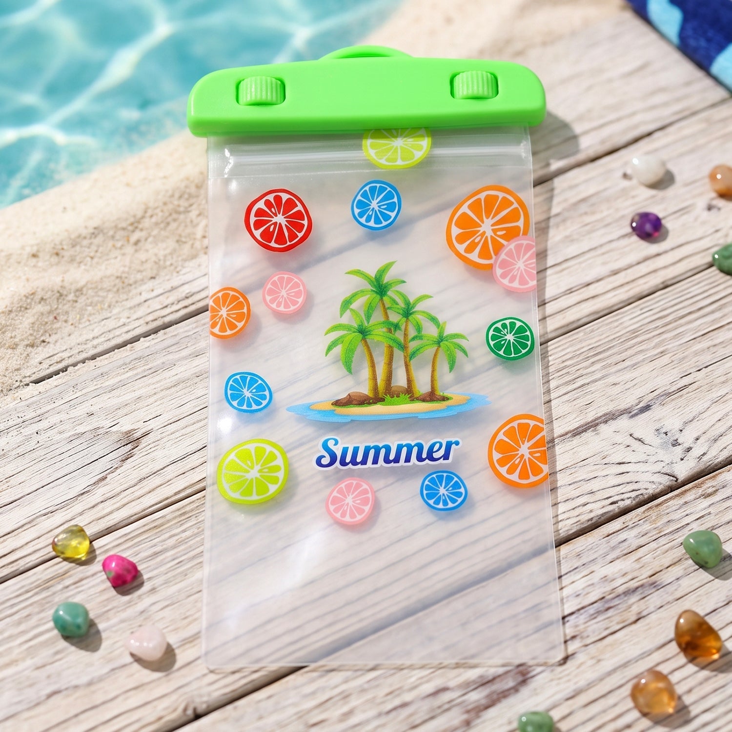 Transparent mobile pouch with lock on a wet surface, showing water beading off its exterior.