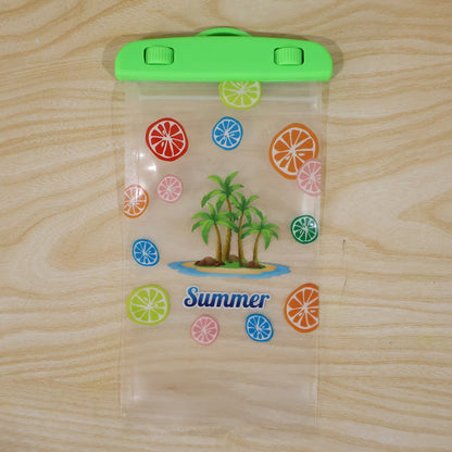Waterproof mobile pouch with lock holding a phone, cash, and cards, illustrating storage capacity.
