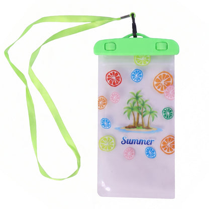 Person holding a phone inside the waterproof pouch near water.