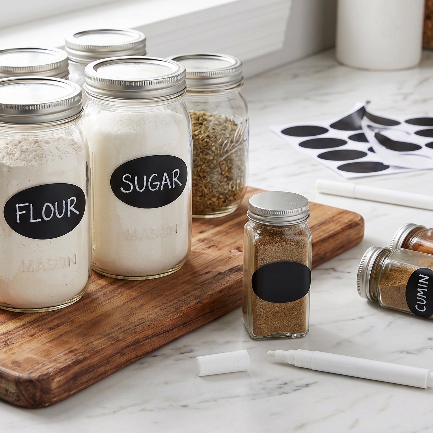 Reusable pantry labels with marker for tidy storage