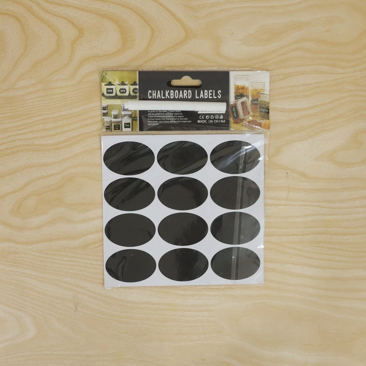 Oval blackboard sticker set with pen for jars and boxes